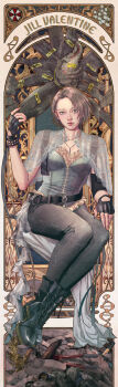 Rule 34 | 1girl, absurdres, belt, black belt, black boots, black gloves, black pants, blue bodice, blue eyes, bodice, boots, brown hair, card (medium), character name, closed mouth, crossed ankles, elbow pads, fingerless gloves, full body, gloves, highres, hinanana, jewelry, jill valentine, lace, looking at viewer, necklace, official alternate costume, official art, on throne, pants, protected link, resident evil, resident evil 3: nemesis, resident evil 3 (remake), second-party source, shawl, short hair, single elbow pad, sitting, solo, tarot, tarot (medium), throne