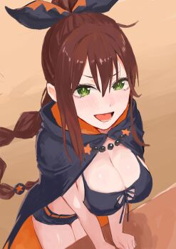 1girl :d bikini bikini_top_only black_bikini black_cloak black_ribbon black_shorts braid breasts brown_hair cleavage cloak commentary_request extra_pupils gomashiwo_o green_eyes hair_between_eyes hair_ribbon highres hood hood_down large_breasts long_hair looking_at_viewer open_mouth ponytail re:zero_kara_hajimeru_isekai_seikatsu ribbon shaula_(re:zero) shorts sidelocks smile solo swimsuit