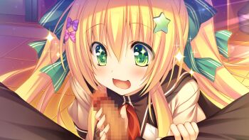 Rule 34 | 1girl, blonde hair, censored, enkou jk bitch gyaru - oji-san to nama pako seikatsu, green eyes, happy, open mouth, penis