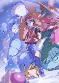 2boys 88_(einnimnech) absurdres backpack bag black_shirt black_shoes blastoise blue_pants blurry blurry_foreground charizard commentary_request day gen_1_pokemon hat highres holding holding_poke_ball lapras male_focus mt._silver multiple_boys nintendo outdoors pants pikachu poke_ball poke_ball_(basic) pokemon pokemon_(creature) pokemon_hgss red_(pokemon) red_hat red_vest shirt shoes short_sleeves snorlax snowing standing venusaur vest vs_seeker wristband yellow_bag