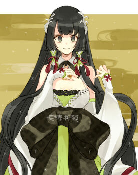 Rule 34 | 1girl, bare shoulders, black eyes, black hair, breasts, commentary request, detached sleeves, hair ornament, hair tubes, hand on own chest, japanese clothes, kagaya jirou, kantai collection, large breasts, long hair, looking at viewer, mizuho (kancolle), parted lips, red ribbon, ribbon, sidelocks, simple background, sleeves past wrists, solo, very long hair, wide sleeves