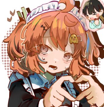 1boy 1girl apron chibi chibi_inset commentary crossdressing crossdressing_(mtf) four-finger_heart_hands heart heart_hands highres josou_danshi_wa_skirt_wo_nugitai! looking_at_viewer maid maid_apron maid_headdress male_maid naohu_(huwo121) open_mouth orange_hair tama-chan_(josou_danshi_wa_skirt_wo_nugitai!) tears two_side_up uichiro_(josou_danshi_wa_skirt_wo_nugitai!)
