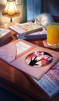 Rule 34 | 1girl, blonde hair, coaster, commentary, covered face, cup, drink, drinking glass, dvd (object), dvd case, fate/grand order, fate (series), hiding, horror (theme), illyasviel von einzbern, indoors, lamp, lasengle, magical girl, night, official art, scared, table, third-party source, window