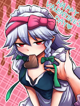 Rule 34 | 2girls, abuo (abuosann), apron, back bow, blue dress, bow, braid, breasts, candy, chocolate, chocolate heart, commentary request, dress, female pov, food, food in mouth, green bow, grey hair, hair bow, happy valentine, heart, heart-shaped food, highres, izayoi sakuya, long hair, looking at viewer, maid, maid headdress, medium breasts, mouth hold, multiple girls, neck ribbon, pink background, pov, puffy short sleeves, puffy sleeves, red eyes, red nails, remilia scarlet, ribbon, short sleeves, solo focus, touhou, twin braids, undone neck ribbon, valentine, waist apron, white apron, white bow, yuri