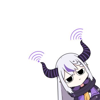 1girl black_dress braid braided_bangs closed_mouth commentary demon_horns dress fong_(fongthe0125) grey_hair hashtag-only_commentary highres hololive horns la+_darknesss la+_darknesss_(1st_costume) long_hair multicolored_hair pointy_ears purple_hair simple_background solo streaked_hair upper_body virtual_youtuber white_background wi-fi_symbol