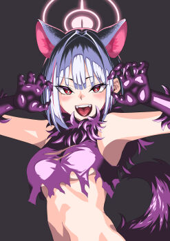 1girl absurdres animal_ears black_background black_hair blue_archive blush breasts cat_ears colored_inner_hair crop_top elbow_gloves extra_ears fangs gloves hair_behind_ear halloween halo highres kazusa_(blue_archive) kazusa_(halloween)_(blue_archive) looking_at_viewer medium_hair multicolored_hair navel open_mouth pink_eyes pink_hair pink_halo purple_gloves purple_shirt purple_tail shirt simple_background smile solo stomach teeth tongue two-tone_hair upper_teeth_only wako_kazumitsu