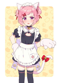 1girl alternate_costume animal_hands annoyed apron bell black_choker black_thighhighs blush bow cat_cutout cat_tail choker cleavage_cutout clothing_cutout commentary doki_doki_literature_club enmaided fang frilled_shirt_collar frilled_thighhighs frills gloves hair_ornament hair_ribbon hairclip hand_on_own_hip jingle_bell looking_at_viewer maid maid_headdress moyori natsuki_(doki_doki_literature_club) neck_bell open_mouth paw_gloves paw_print pink_eyes pink_hair puffy_short_sleeves puffy_sleeves red_ribbon ribbon short_hair short_sleeves simple_background solo sweatdrop swept_bangs tail tail_bell tail_bow tail_ornament thighhighs two_side_up