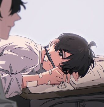 2boys ahoge akigawasou bandaid bandaid_on_face bandaid_on_hand black_eyes black_hair book commentary desk hair_over_one_eye head_down holding holding_pen kim_dokja looking_at_viewer male_focus multiple_boys oldest_dream omniscient_reader&#039;s_viewpoint open_book out_of_frame pen shirt short_hair symbol-only_commentary upper_body white_shirt writing yoo_joonghyuk