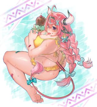 1girl ahoge alternate_body_size alternate_breast_size_(larger) animal_ears aqua_hair ass back bandaid bandaid_on_arm bandaid_on_leg barefoot bell bell_earrings bikini blush bow braid breasts cherry commentary cow_ears cow_girl cow_horns cow_tail crossed_bangs curvy ear_bell earrings english_commentary food food_on_body food_on_breasts food_on_face frilled_bikini frills from_above from_behind fruit genshin_impact hair_between_eyes hair_bow hair_ornament hairband highres holding holding_food holding_spoon horns huge_breasts ice_cream jewelry kiegenshin long_hair looking_at_viewer looking_back looking_up low_twin_braids multicolored_hair multicolored_hairband nose_blush pink_hair pink_tail purple_eyes sitting skindentation soles solo spoon sweat swimsuit tail tail_bow tail_ornament toes tongue tongue_out twin_braids two-tone_hair varesa_(genshin_impact) very_long_hair yellow_bikini