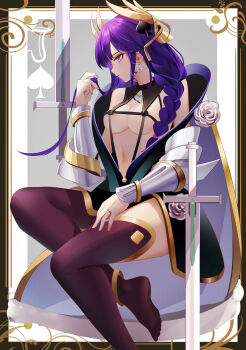1girl absurdres alternate_costume alternate_universe anklet bare_shoulders blunt_bangs braid breasts cape card card_(medium) cleavage closed_mouth commentary_request earrings eyeliner from_side genshin_impact hair_ornament hair_over_shoulder headpiece highres jewelry large_breasts long_braid long_hair looking_down luai makeup navel no_shoes pink_lips pink_nails playing_card purple_eyes purple_hair queen_(playing_card) queen_of_spades_(playing_card) raiden_shogun red_eyeliner single_braid soles solo spade_(shape) spade_hair_ornament stomach sword thighhighs weapon