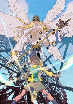 Rule 34 | 2boys, absurdres, angel, angel wings, angemon, blonde hair, blue sky, bodysuit, brown shorts, commentary, covered eyes, day, digimon, digimon (creature), digimon adventure 02, feathered wings, green eyes, green jacket, grey socks, hat, helmet, helmet over eyes, highres, holding, holding staff, jacket, korean commentary, looking at viewer, male focus, multicolored jacket, multiple boys, outdoors, shorts, sky, smile, socks, staff, steelscarlet, takaishi takeru, two-tone jacket, white bodysuit, white hat, white wings, wings, yellow jacket