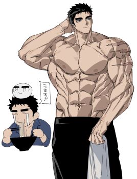 1boy arm_behind_head armpits bara black_hair blue_eyes chibi chibi_inset closed_mouth domo_(domo_kizusuki) forehead hand_up highres holding holding_towel kokado_shido_(domo) large_pectorals male_focus muscular muscular_male original pants pectorals pointing scar scar_on_arm scar_on_shoulder short_hair sideburns simple_background thick_arms towel v v-taper white_background white_pants