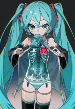 Rule 34 | 1girl, bare shoulders, black sleeves, black thighhighs, blue eyes, blue hair, blue necktie, blue panties, closed mouth, collared shirt, commentary request, corrupted twitter file, cowboy shot, crossed bangs, detached sleeves, gradient background, grey shirt, hatsune miku, heart, highres, joints, long hair, long sleeves, mouth hold, myuga66666, necktie, necktie in mouth, number tattoo, open clothes, open shirt, panties, ribs, shirt, shoulder tattoo, sleeveless, sleeveless shirt, solo, spine, striped clothes, striped panties, tattoo, thighhighs, twintails, underwear, vocaloid, wide sleeves