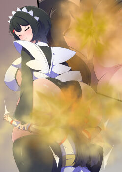 2girls absurdres aimo_(aimo1214) ainu_clothes armpit_peek asphyxiation ass black_hair blush breasts close-up closed_eyes defeat domination fart farting_in_face fingerless_gloves gloves grabbing_another's_arm hair_ribbon head_on_ass highres huge_ass huge_breasts iroha_(samurai_spirits) legs leotard long_hair maid maid_headdress multiple_girls nakoruru ribbon samurai_spirits short_hair sideboob smell snk tears thick_thighs thighs thong_leotard