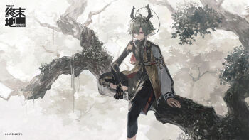 Rule 34 | 1boy, arknights, arknights: endfield, branch, commentary request, demon boy, demon horns, green hair, halo, halo behind head, highres, horns, lifeng (arknights), logo, long sidelocks, mechanical arms, monota02, official art, purple eyes, short hair, sidelocks, sitting, solo