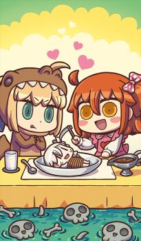 3girls :d :q ahoge animal_costume artoria_pendragon_(fate) blonde_hair bone bound bow braid closed_mouth commentary_request cup dragon_costume dress drink drinking_glass fate/grand_order fate_(series) food fujimaru_ritsuka_(female) gravy_boat green_eyes hair_between_eyes hair_bow hair_through_hood heart holding holding_scythe hood long_hair long_sleeves looking_down medium_hair mini_person minigirl multiple_girls official_alternate_costume official_art olga_marie_animusphere one_side_up open_mouth orange_eyes orange_hair own_hands_together pink_bow pink_dress placemat polka_dot polka_dot_bow riyo_(lyomsnpmp) rope saber_(fate) scythe sidelocks size_difference skull smile spoon sweat third-party_source tied_up_(nonsexual) tongue tongue_out v-shaped_eyebrows water white_hair |_|