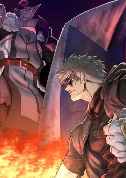 2boys akimaru armor belt black_shirt clenched_hand commentary_request fingerless_gloves fire fur_trim giant_priest_awalth gloves helmet highres male_focus multiple_boys pixiv_fantasia pixiv_fantasia_last_saga plume red_eyes shield shirt solva_ragajuga veins white_gloves