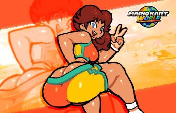1girl absurdres ass ass_freckles bikini bikini_shorts blue_eyes body_freckles bracelet breasts brown_hair brycecarringto5 butt_crack dark-skinned_female dark_skin earrings freckles highres huge_ass jewelry looking_back mario_(series) mario_kart mario_kart_world nintendo open_mouth princess_daisy princess_daisy_(swimwear)_(mario_kart_world) shorts solo sports_bikini swimsuit v