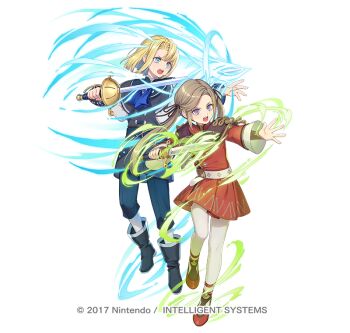 Rule 34 | 1boy, 1girl, aged down, ascot, attack, black boots, blonde hair, blue ascot, blue eyes, blue pants, boots, brown hair, capelet, commentary request, dagger, dimitri alexandre blaiddyd, dimitri alexandre blaiddyd (young), dress, edelgard von hresvelg, edelgard von hresvelg (young), fighting stance, fire emblem, fire emblem: three houses, fire emblem heroes, full body, fur-trimmed capelet, fur trim, grey capelet, grey tunic, hagiwara rin, hair ribbon, holding, holding dagger, holding knife, holding sword, holding weapon, knife, long hair, long sleeves, nintendo, official alternate costume, official alternate hair color, official art, open mouth, pants, pantyhose, purple eyes, red dress, red shoes, ribbon, shoes, simple background, sword, tunic, twintails, weapon, white pantyhose