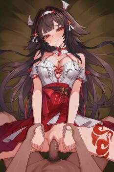 1boy 1girl absurdres animal_ears breasts brown_hair cleavage clothed_female_nude_male clothed_sex commentary_request erection fox_ears fox_girl hair_spread_out hairband hank_(gogaek) hetero highres holding_another's_wrist korean_commentary long_hair looking_at_viewer lying missionary mixed-language_commentary multicolored_hairband no_panties nude on_back paid_reward_available penis pov pov_crotch pov_hands red_eyes red_skirt sex shirt skirt smile two-tone_hairband uncensored vaginal very_long_hair white_shirt ye_shunguang zenless_zone_zero,missionary,