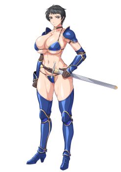 1girl armor armored_boots bikini_armor black_hair blue_armor blue_eyes boots breasts brown_choker brown_gloves choker cleavage closed_mouth collarbone commentary_request commission elbow_gloves full_body gauntlets gloves high_heel_boots high_heels highres holding holding_sheath large_breasts looking_at_viewer navel original ozaneko scabbard sheath sheathed short_hair shoulder_pads sidelocks simple_background skeb_commission skindentation smile solo standing stomach swept_bangs sword tachi-e tomboy toned toned_female warrior weapon white_background
