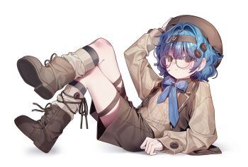0_o_s_k 1girl beret blue_bow blue_hair boots bow bowtie brown_shorts closed_mouth commentary full_body glasses hair_ornament hairband hairclip hand_on_headwear hat highres long_sleeves looking_at_viewer lying original round_eyewear shirt short_hair shorts simple_background socks solo sweater sweater_vest vest white_background
