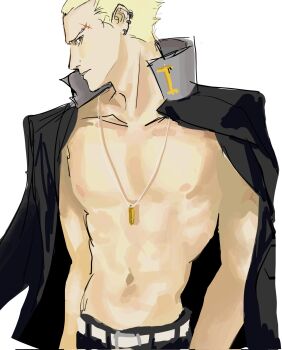 1boy black_jacket blonde_hair ear_piercing highres jacket jacket_on_shoulders jewelry longmong male_focus navel necklace nipples open_clothes open_jacket persona persona_4 piercing profile scar scar_on_face scar_on_forehead school_uniform short_hair solo tatsumi_kanji upper_body white_background yasogami_school_uniform