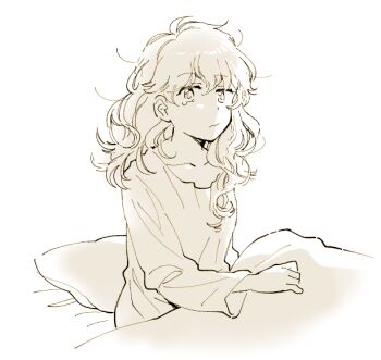 1girl :/ blanket collarbone commentary_request kirisame_marisa long_hair messy_hair natsume_(menthol) no_headwear on_bed pillow shirt sideways_glance sleepy solo teardrop touhou under_covers white_background