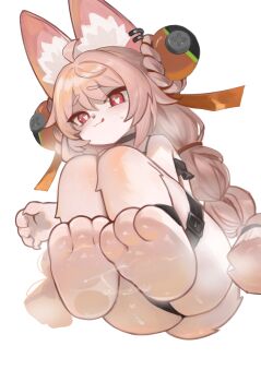 1girl :3 :q animal_ear_fluff animal_ear_piercing animal_ears animal_feet barefoot belt body_fur braid closed_mouth commentary_request dokomon feet foot_focus full_body furry furry_female heart heart-shaped_pupils highres invisible_chair korean_commentary long_hair looking_at_viewer pink_fur pink_hair rabbit_ears rabbit_girl rabbit_tail red_eyes sitting solo symbol-shaped_pupils tail thick_eyebrows thigh_belt thigh_strap toes tongue tongue_out twin_braids variant_set zenless_zone_zero zhao_(zenless_zone_zero)