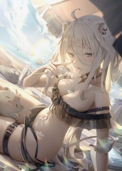 Rule 34 | 1girl, absurdres, ahoge, animal ear piercing, animal ears, arm support, beach, bikini, black bikini, black choker, black nails, blush, breasts, choker, cirkus, cleavage, commentary, cream, food, frilled bikini, frills, grey eyes, grey hair, hair between eyes, highres, holding, holding food, holding popsicle, hololive, large breasts, lion ears, lion girl, lion tail, long hair, looking at viewer, medium breasts, melting, nail polish, open mouth, outdoors, parasol, popsicle, sand, see-through clothes, sexually suggestive, shishiro botan, shorts, sidelocks, sitting, sky, solo, ssrb (shishiro botan), suggestive fluid, swimsuit, symbol-only commentary, tail, thigh strap, tongue, umbrella, virtual youtuber, water