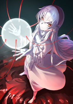 Rule 34 | 1girl, bandages, barefoot, blood, breasts, cleavage, colored skin, commentary, doro-c, dress, full body, hair between eyes, hanyuu08, hardcore tano-c, headphones, highres, j-core, long hair, looking at viewer, orb, perspective, red eyes, solo, standing, very long hair, white dress, white hair, white skin