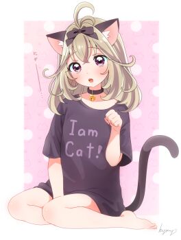 Rule 34 | 1girl, :o, animal collar, animal ear fluff, animal ears, antenna hair, arm between legs, artist name, barefoot, bell, black collar, black shirt, black tail, blush, border, brown hair, casual, cat background, cat day, cat ears, cat girl, cat tail, clenched hand, clothes writing, collar, collarbone, commentary, crossed bangs, english text, feet, hair between eyes, hair intakes, hair ribbon, hand up, kyanos (b 0000ff), looking at viewer, loose clothes, loose shirt, medium hair, meitantei precure!, moria luluka, neck bell, open mouth, outside border, paw pose, pink background, precure, purple eyes, ribbon, shirt, short sleeves, signature, sitting, solo, t-shirt, tail, teeth, toes, translated, upper teeth only, white border