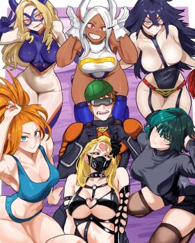 1boy 6+girls absurdres animal_ears black_hair black_sclera blonde_hair blue_eyes boku_no_hero_academia bondage_outfit breasts captain_mizuki cleavage colored_sclera crossover dark-skinned_female dark_skin domino_mask eye_mask fubuki_(one-punch_man) green_eyes grin hair_between_eyes harem helmet highleg highleg_leotard highres imminent_gangbang kaijin_hime_do-s large_breasts leotard long_hair looking_at_viewer mask midnight_(boku_no_hero_academia) mirko mount_lady multiple_girls mumen_rider one-punch_man open_mouth orange_hair pink_eyes rabbit_ears rabbit_girl rabbit_pose red_eyes short_hair slit_pupils smile toned toned_female underboob vlizzyvlizz117 white_hair