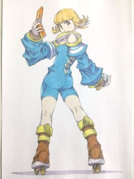 1girl ass bel_(bomb_rush_cyberfunk) black_eyes blonde_hair blue_jumpsuit blue_sleeves bomb_rush_cyberfunk boots brown_boots cellphone commentary cyber_fashion detached_sleeves flip_phone flipped_hair full_body highres holding holding_phone inline_skates jewelry jumpsuit kneepits neck_ring parted_lips peter_salt phone roller_skates short_hair skates solo standing traditional_media twisted_torso white_background