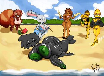 1futa 5girls absurdres ass beach black_skin breasts colored_skin dog duski_(duskizi) duskizi fire food fruit furry furry_female futanari goat green_skin highres huge_areolae huge_ass huge_breasts huge_penis large_areolae large_breasts large_nipples long_hair multiple_girls nipples penis rabbit red_panda sand shark short_hair testicles thick_thighs thighs watermelon white_fur wide_hips