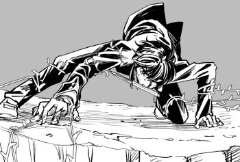 1boy all_fours black_hair fighting_stance floating_clothes floating_hair knife knife_in_mouth male_focus metarogu monochrome mystic_eyes_of_death_perception nanatsu-yoru partially_shaded_face plant rock scene_reference school_uniform solo souya_high_school_uniform tohno_shiki tsukihime tsukihime_(remake) vines