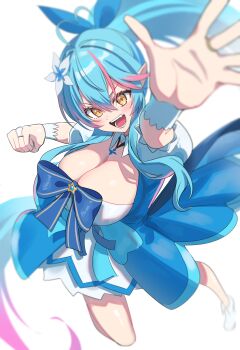 1girl absurdres ahoge blue_dress blue_hair blurry blurry_foreground breasts cleavage clenched_hand dress elf full_body heart heart_ahoge high_ponytail highres hololive kumarang large_breasts long_hair magical_girl multicolored_hair open_mouth pink_hair pointy_ears ponytail simple_background solo streaked_hair two-tone_hair virtual_youtuber white_background yellow_eyes yukihana_lamy