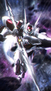 Rule 34 | 1boy, absurdres, aqua eyes, armor, blurry, blurry background, chromatic aberration, commentary, earth (planet), glowing, glowing eyes, helmet, highres, holding, holding weapon, looking at viewer, love894anon, meteor, motion lines, no pupils, photo background, planet, polearm, power armor, running towards viewer, science fiction, shoulder armor, solo, space, tekkaman blade, tekkaman blade (character), weapon