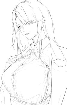 Rule 34 | 1girl, asymmetrical bangs, body markings, chest harness, coat, collared shirt, commentary request, dress shirt, expressionless, eyes visible through hair, greyscale, hair over one eye, harness, highres, hilda (path to nowhere), jagan (maximum jagan), long hair, looking at viewer, monochrome, open clothes, open coat, path to nowhere, shirt, sideways glance, simple background, solo, underbust