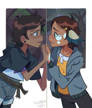 2girls animal_ears black_capelet blue_shorts capelet dark-skinned_female dark_skin earrings forest highres jewelry looking_at_another luz_noceda multiple_girls nature rope_around_waist shirt short_hair shorts simple_background spots stud_earrings the_owl_house therumano vee_(the_owl_house) yellow_shirt