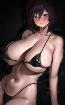 1girl animal_ears bikini black_background black_bikini black_hair blue_eyes breasts closed_mouth collarbone commentary eishin_flash_(umamusume) highleg highleg_bikini highres horse_ears horse_girl large_breasts looking_at_viewer navel nov1527 paid_reward_available simple_background smile solo stomach sweat swimsuit umamusume underboob very_sweaty