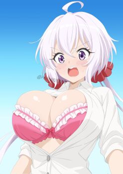 1girl ahoge blush bra breasts bursting_breasts cleavage frilled_bra frills hair_between_eyes hair_ornament hair_scrunchie highres large_breasts long_hair open_mouth partially_unbuttoned philip98267134 pink_bra purple_eyes scrunchie senki_zesshou_symphogear shirt simple_background solo surprised teeth underwear upper_body upper_teeth_only wardrobe_malfunction white_hair white_shirt yukine_chris