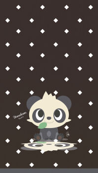 Rule 34 | animal focus, black fur, closed mouth, diamond (shape), gen 6 pokemon, highres, leaf in mouth, meme (sleepsheep), mouth hold, nintendo, no humans, pancham, panda, pokemon, pokemon (creature), pokemon focus, reflection, smile, solo, white fur