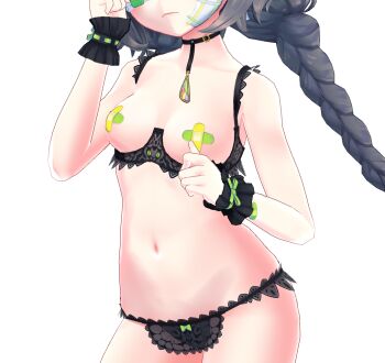1girl aldina_(vrchat) areola_slip bandages bandaid bandaid_on_cheek bandaid_on_face bandaid_on_head bandaids_on_nipples bare_arms bare_shoulders black_bra black_choker black_panties blush bow bow_bra bow_panties bra bra_pull braid breast_focus breastless_clothes breasts breasts_out choker close-up closed_mouth clothes_pull collar collarbone covered_erect_nipples cowboy_shot crossed_bandaids cupless_bra eyes_out_of_frame facing_viewer frilled_bra frilled_panties frills frown green_bow green_ribbon grey_hair hand_on_own_face hand_up hands_up head_out_of_frame head_tilt lace lace-trimmed_panties lace_bra lace_panties lace_trim lingerie long_hair low_twintails medium_breasts navel official_alternate_costume original panties pasties ribbon simple_background solo standing stomach twin_braids twintails underwear underwear_only unity_(medium) very_long_hair vrchat vrchat_(medium) white_background wrist_cuffs wristband yorshkasencho