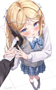 1boy 1girl absurdres alternate_costume black_gloves blonde_hair blue_bow blue_bowtie blue_eyes blue_skirt blush bow bowtie cartethyia_(wuthering_waves) commentary copyright_request crown_of_thorns english_commentary gloves grey_vest hand_on_another&#039;s_cheek hand_on_another&#039;s_face highres long_hair long_sleeves maeru male_rover_(wuthering_waves) parted_lips plaid_clothes plaid_skirt pointy_ears pov pov_hands rover_(wuthering_waves) shirt sidelocks signature skirt smile solo tacet_mark_(wuthering_waves) vest white_shirt