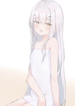1girl :d absurdres bare_arms bare_shoulders blush breasts brown_background brown_eyes commentary_request fate/grand_order fate_(series) gradient_background grey_hair highres long_hair looking_at_viewer melusine_(fate) naked_towel open_mouth riya_(01214) sitting small_breasts smile solo towel very_long_hair white_background