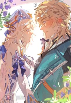 1boy 1girl a1rii blonde_hair blue_eyes blue_ribbon blush dress embarrassed genshin_impact hashtag-only_commentary highres long_hair nicole_reeyn ribbon varka_(genshin_impact) white_dress white_hair