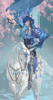 Rule 34 | 1boy, antenna hair, armor, blue eyes, blue gemstone, blue hair, commentary request, dark-skinned male, dark skin, earrings, eyepatch, fur scarf, gauntlets, gem, genshin impact, greaves, hair over shoulder, highres, horse, horseback riding, jewelry, kaeya (genshin impact), long hair, long sleeves, low ponytail, male focus, mochuuuuuuu, one eye covered, ponytail, riding, shirt, single earring