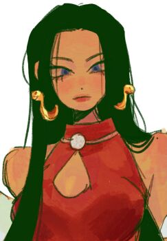 1girl black_hair blue_eyes boa_hancock closed_mouth commentary dress earrings eyelashes halter_dress halterneck jewelry long_hair one_piece red_dress riicolato simple_background snake_earrings solo upper_body white_background