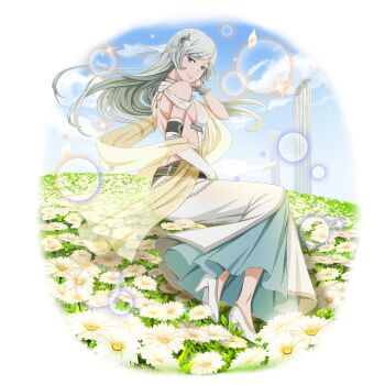 10s 1girl back backless_dress backless_outfit blue_eyes breasts cleavage colored_skin dress dungeon_ni_deai_wo_motomeru_no_wa_machigatteiru_darou_ka elbow_gloves feet female_focus freya_(danmachi) full_body gloves hair_ornament high_heels highres large_breasts long_hair official_art sideboob silver_hair solo sword_oratoria white_dress white_footwear white_skin